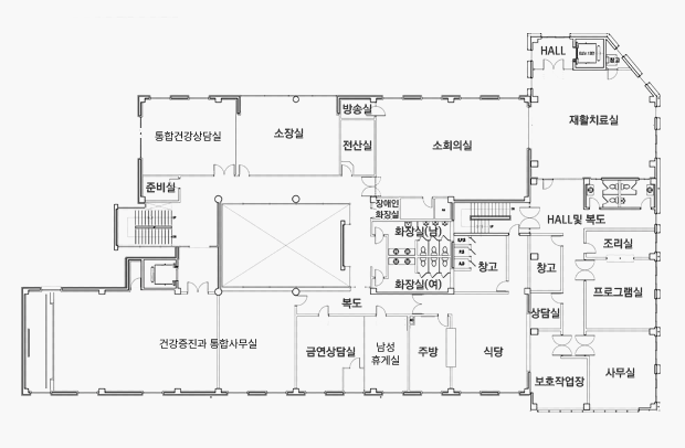 상단 왼쪽 부터 시계 방향으로 준비실, 방문보건실, 소장실, 방송실, 전산실, 소회의실, 재활치료실, HALL및 복도, 창고, 화장실(남), 화장실(여), 장애인화장실, 조리실, 프로그램실, 창고, 상담실, 사무실, 보호작업장, 식당, 주방, 기사실, 복도, 금연상담실, 운동처방실, 운동처방실