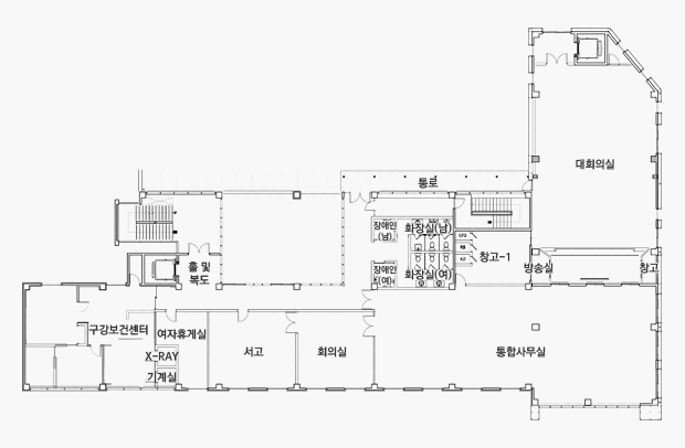 상단 왼쪽 부터 시계 방향으로 홀 및 복도, 통로, 대회의실, 창고, 방송실, 창고-1, 화장실(남), 화장실(여), 장애인화장실(남), 장애인화장실(여), 통합사무실, 회의실, 서고, 여자휴게실, X-RAY, 기계실, 구강보건센터
