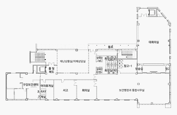 상단 왼쪽 부터 시계 방향으로 홀 및 복도, 통로, 대회의실, 창고, 방송실, 창고-1, 화장실(남), 화장실(여), 장애인화장실(남), 장애인화장실(여), 통합사무실, 회의실, 서고, 여자휴게실, X-RAY, 기계실, 구강보건센터