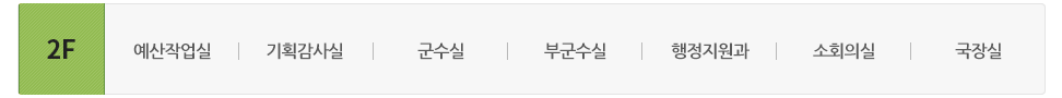 본관 2층에는 예산작업실, 기획감사실, 군수실, 부군수실, 행정지원과, 소회의실, 국장실이 있습니다.