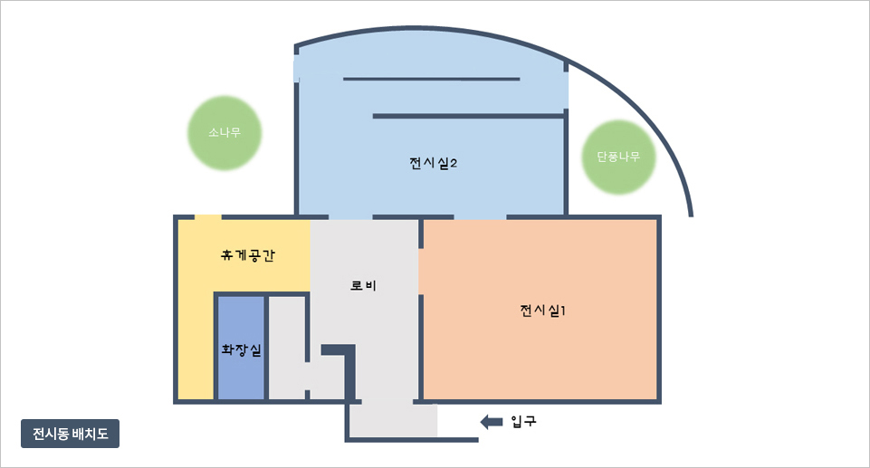 배치도 이미지 : 왼쪽 상단부터 1.수장고, 2.교육실2, 3.로비, 4.화장실, 5.기계실, 6.수유실, 7.교육실1, 입구, 8.교육실3, 9.사무실
