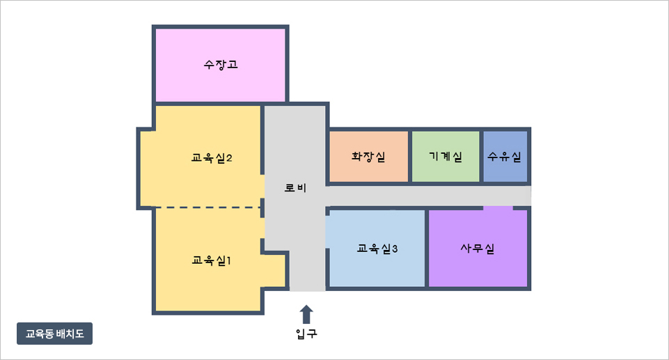배치도 이미지 : 왼쪽 상단부터 1.전시실2, 2.휴게공간, 3.로비, 4.전시실1, 5.화장실, 입구
